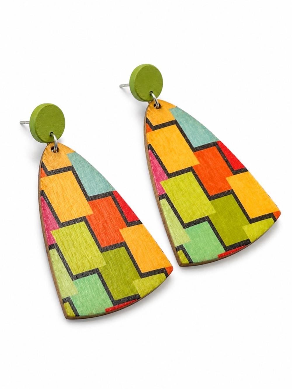 Colorful Geometric Wooden Drop Earrings Statement Boho